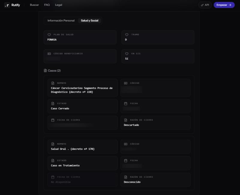 Desde direcciones a historial médico: los datos que habrían sido vulnerados en la presunta filtración - Captura Rutify con datos sensibles borrados