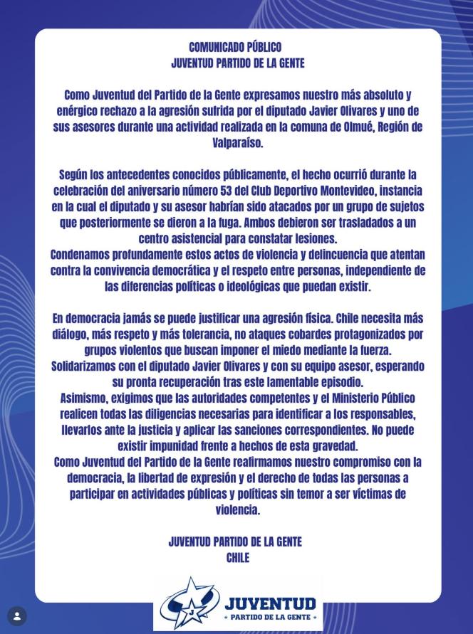 Comunicado Juventud PDG tras agresión al diputado Olivares- IG
