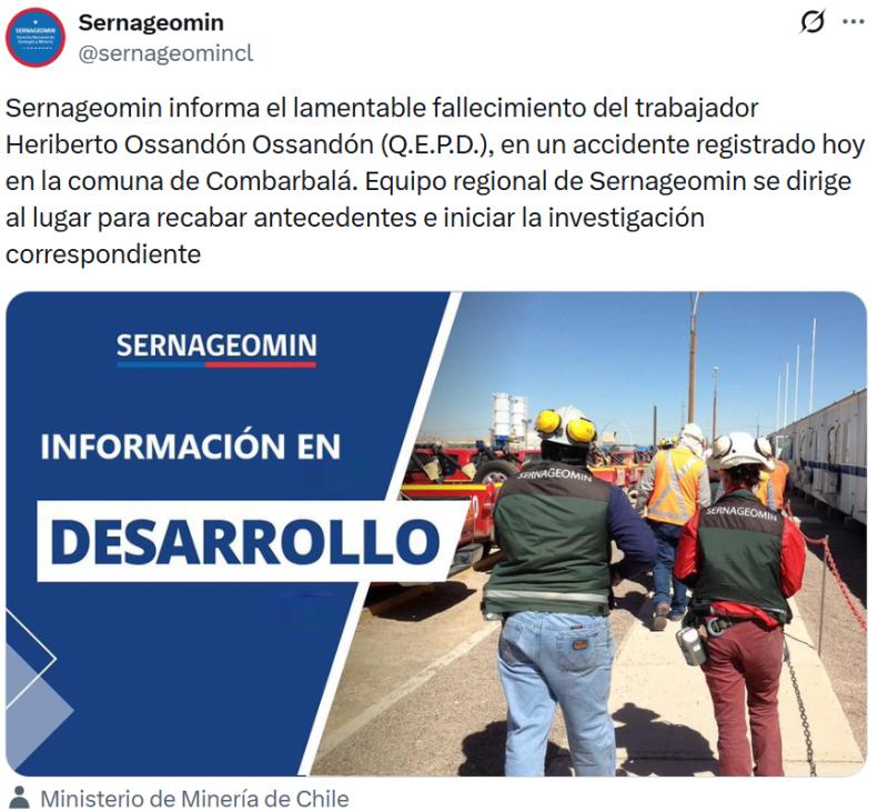 Sernageomin reporta la muerte de un minero en Combarbalá - X