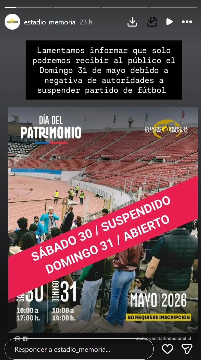 Captura - El comunicado de la Corporación Estadio Nacional Memoria Nacional