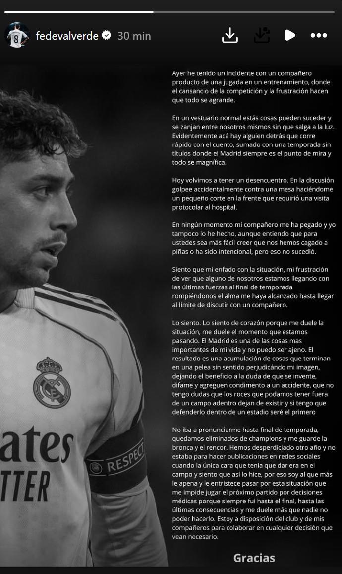 Captura de Instagram - El mensaje de Fede Valverde