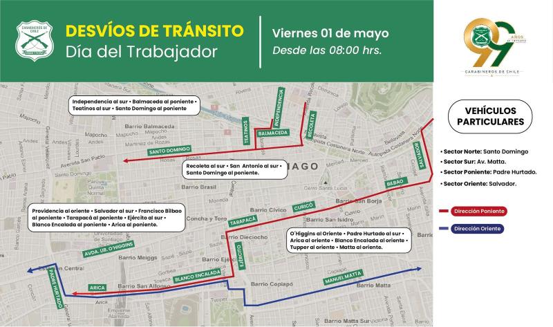 Revisa los desvíos de tránsito por el Día del Trabajador - @Carabdechile