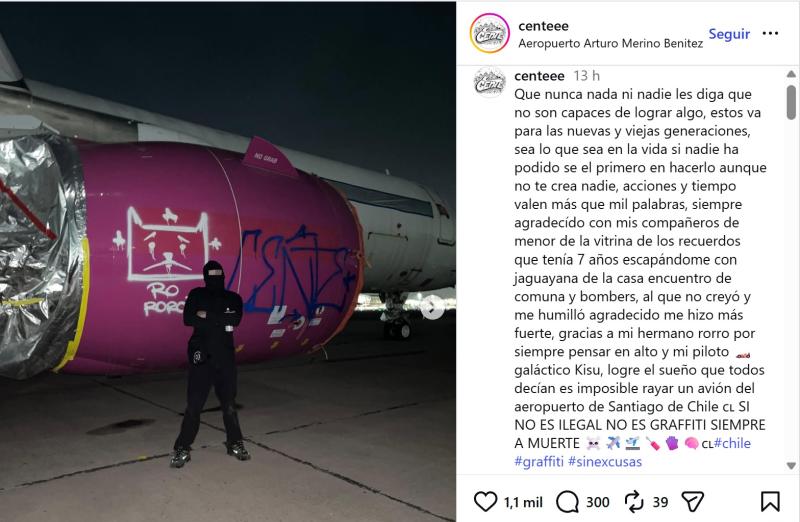 La polémica publicación del grafitero que vandalizó avión - Captura Instagram