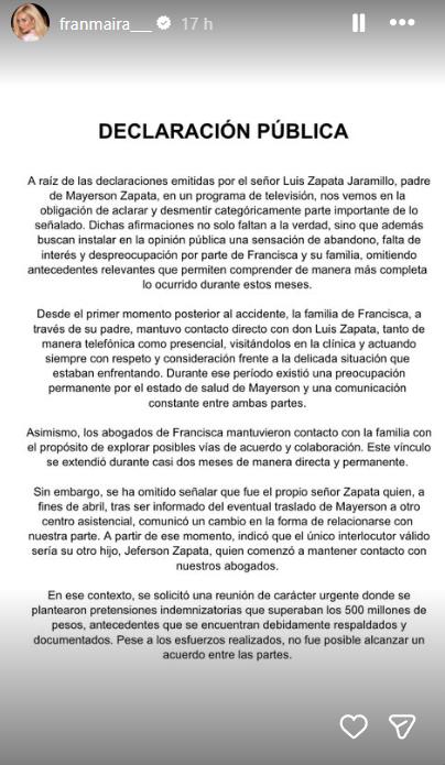 Instagram - Fran Maira desmiente a padre de motorista que atropelló