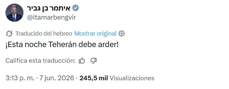 Respuesta del ministro de Seguridad de Israel a los ataques de Irán - X