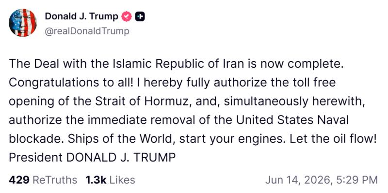 Estados Unidos e Irán llegaron a un acuerdo y cese al fuego en Oriente Medio - Truth Social