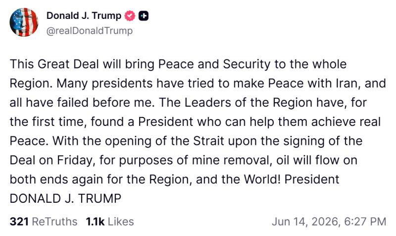 Donald Trump confirma acuerdo con Irán y reapertura del Estrecho de Ormuz - RRSS