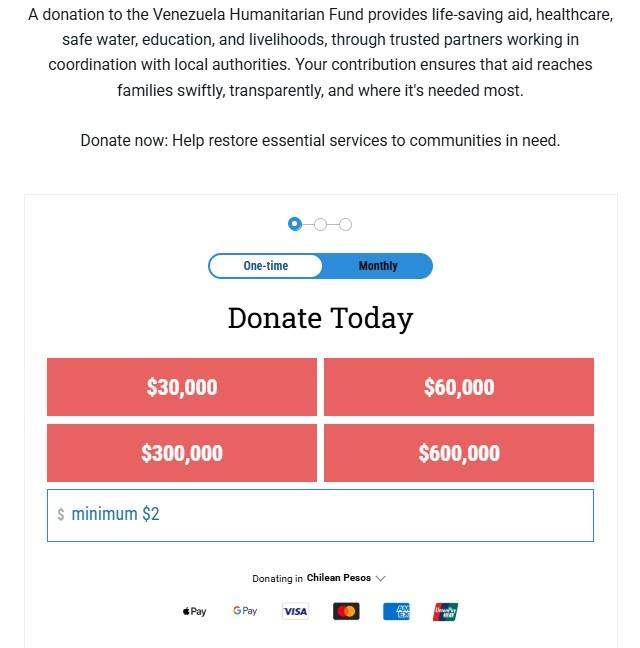 Captura OCHA - Así puedes realizar donaciones desde Chile hacia Venezuela