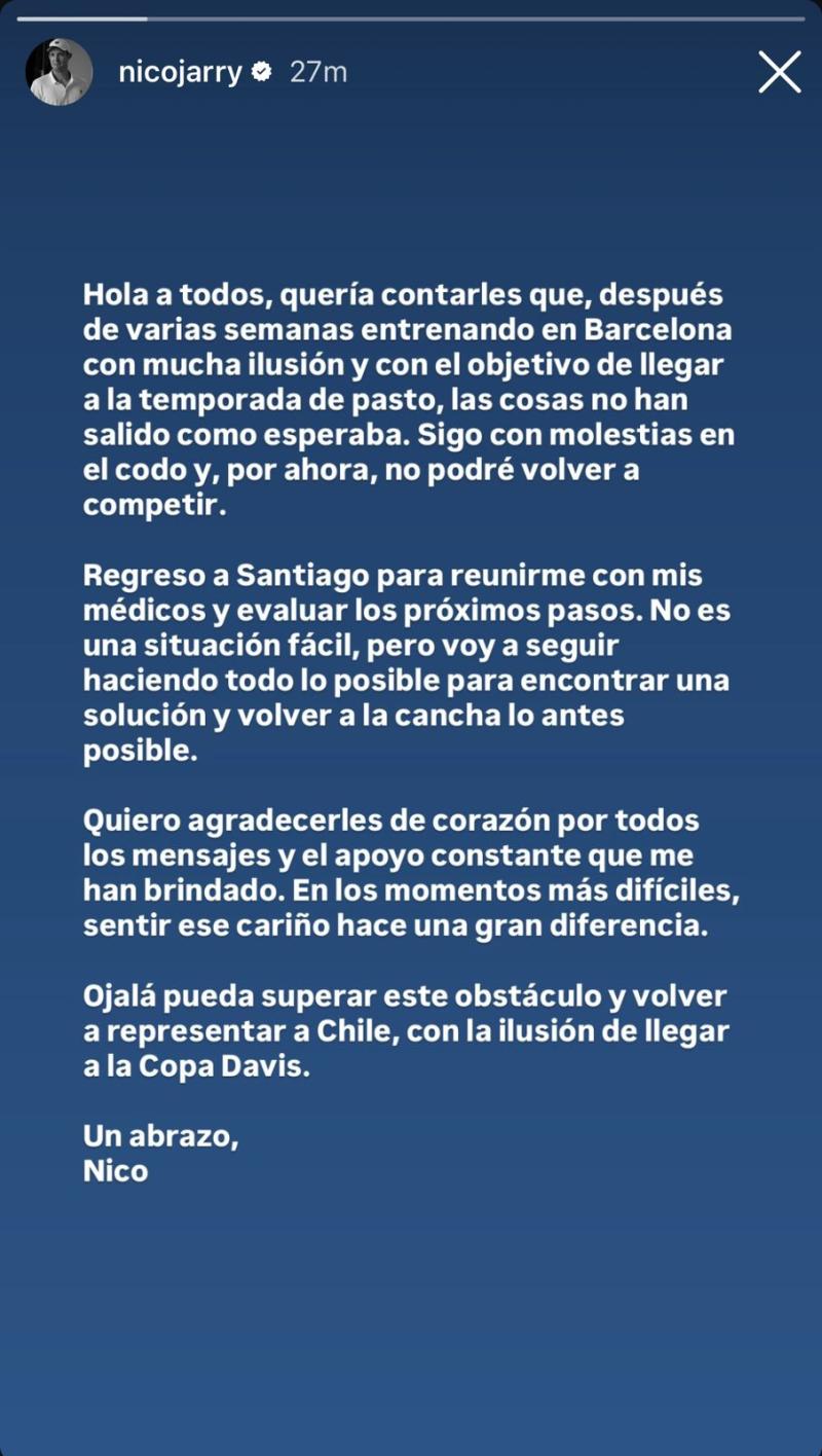 Comunicado vía Instagram de Nicolás Jarry
