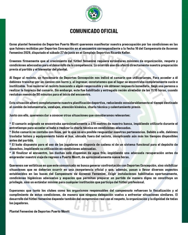 Plantel femenino de Puerto Montt denuncia camarín sucio, sin llave y duchas con agua fría en duelo ante Deportes Concepción