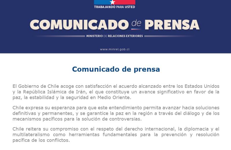 Chile reacciona al acuerdo entre EE.UU. e Irán: Gobierno y Kast valoran avance hacia la paz