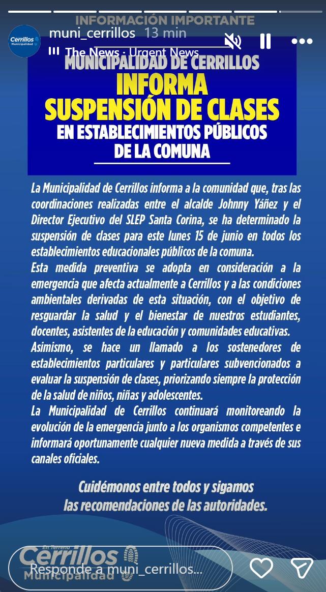 Suspensión de clases en Cerrillos: municipios cancela jornada por emergencia ambiental