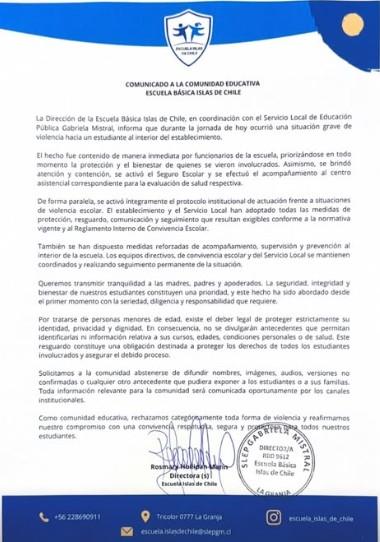 Captura - El comunicado del colegio