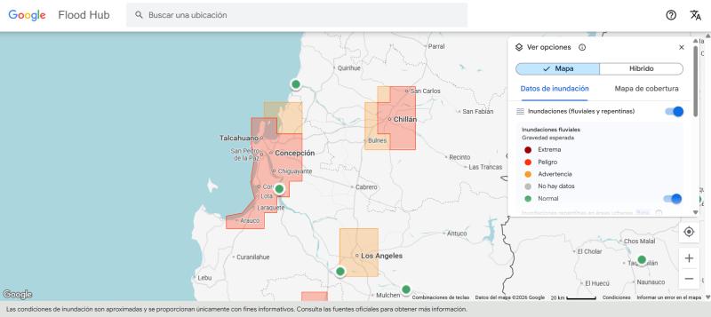 Sistema frontal: Así funciona la IA que predice qué sectores que podrían inundarse - Agencia Uno - Captura Google Flood Hub