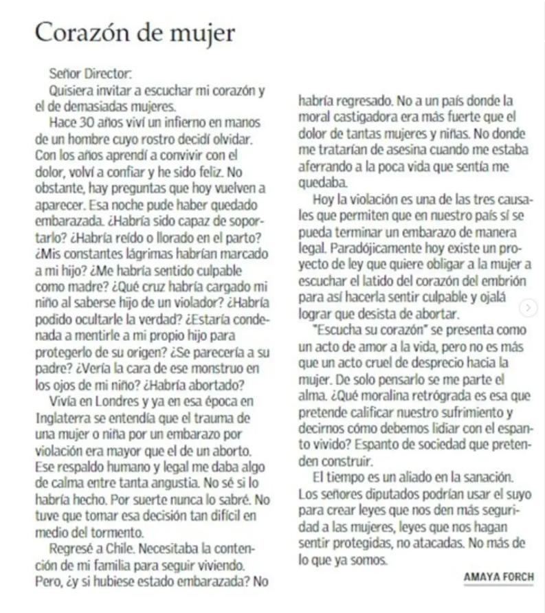 Carta completa de Amaya Forch - Instagram/El Mercurio