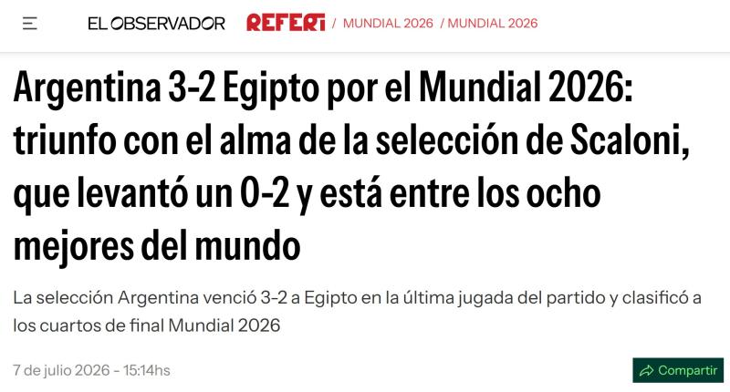 El Observador - La portada por el histórico triunfo de Argentina
