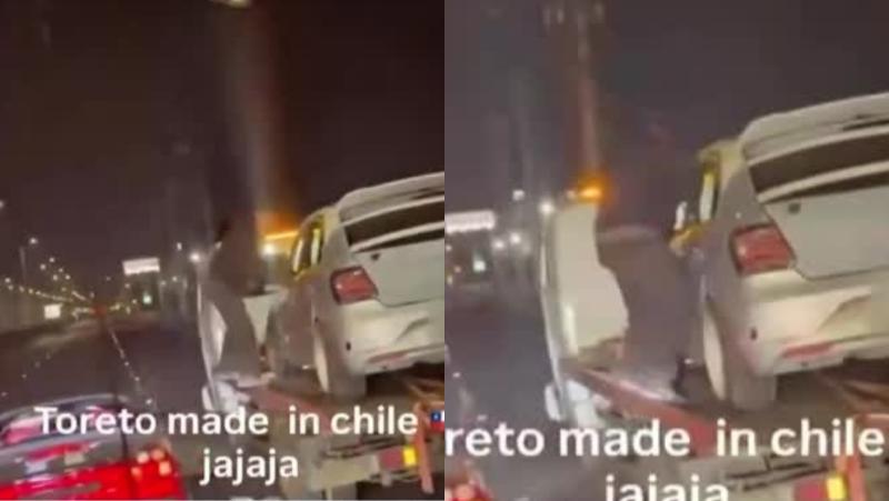 Viralizan peligrosa maniobra en Ruta 5 Norte: sujeto saltó desde un auto en movimiento para recuperar vehículo que era trasladado por una grúa