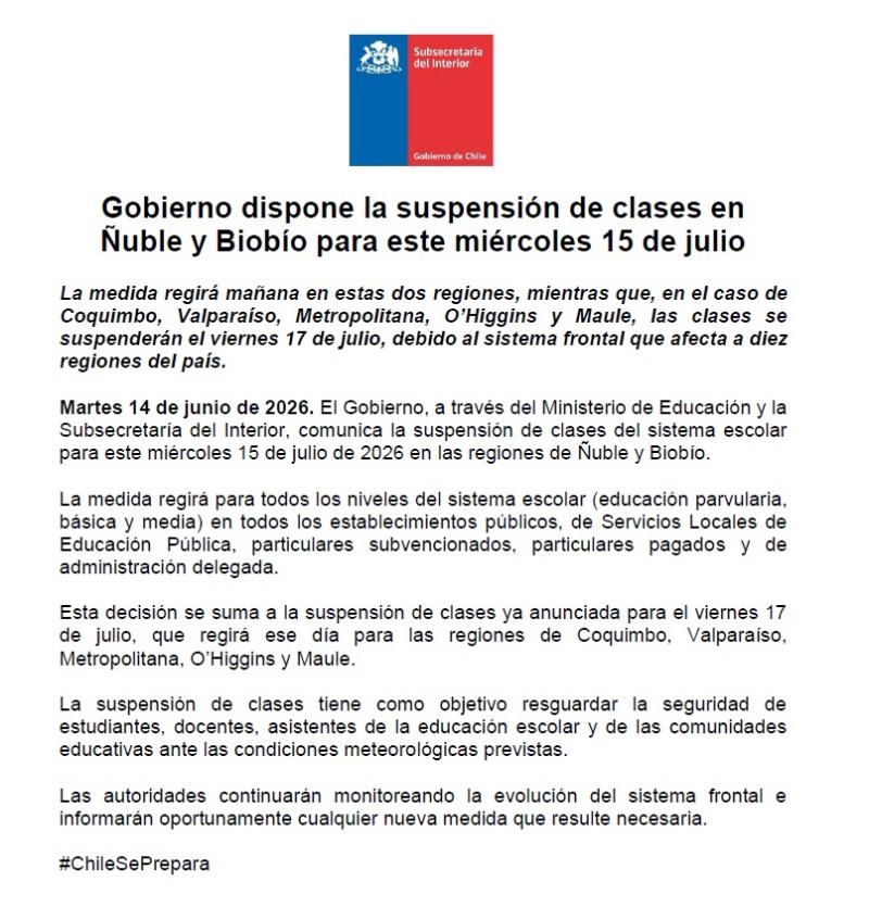 Gobierno anuncia suspensión de clases para este miércoles en el Ñuble y BioBíó