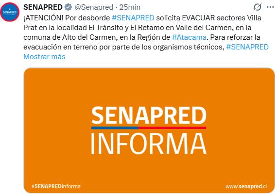 Llamado a evacuar en Alto del Carmen - Senapred