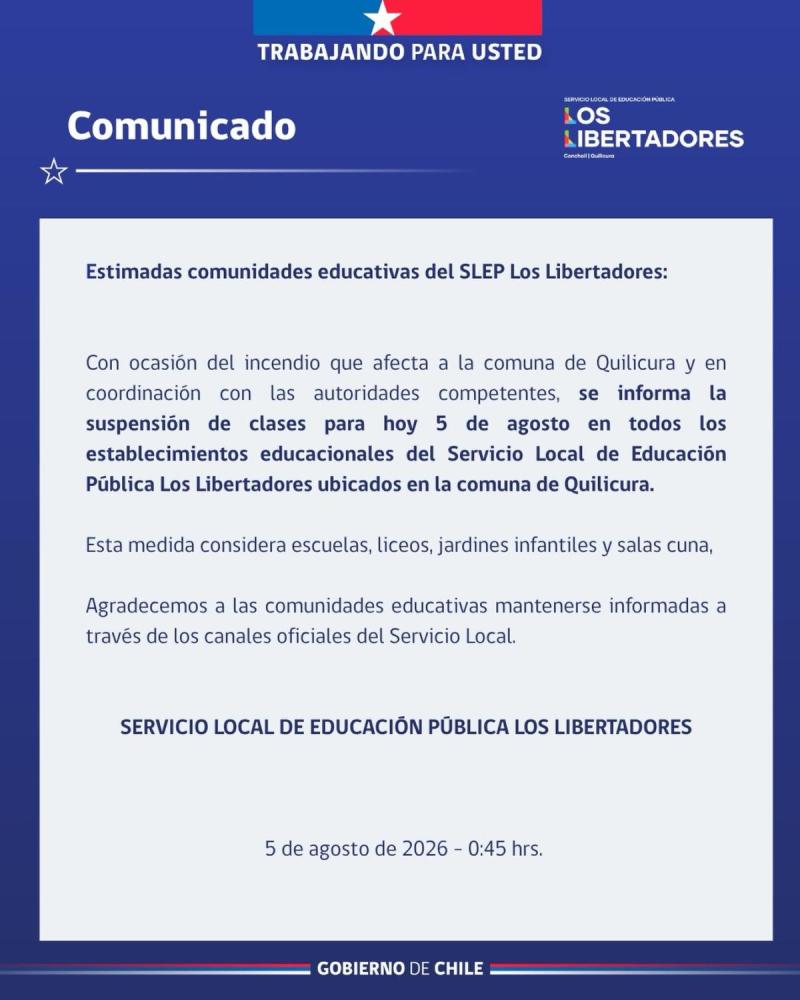 Anuncian suspensión de clases en la comuna de Quilicura por incendio