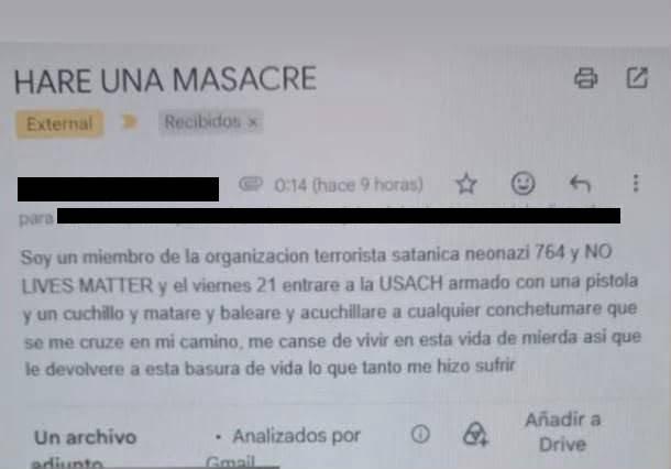 T13 - El correo que envió a estudiantes de la Usach el autor de amenazas