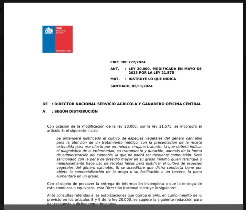 La circular 772 del SAG es el documento que la defensa legal del Dispensario Nacional usaba en tribunales para evitar la prisión de sus miembros.
