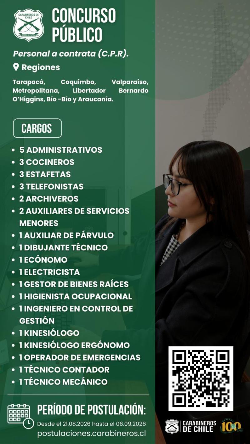 Carabineros abre 30 vacantes para personal civil con sueldos cercanos a los 2 millones