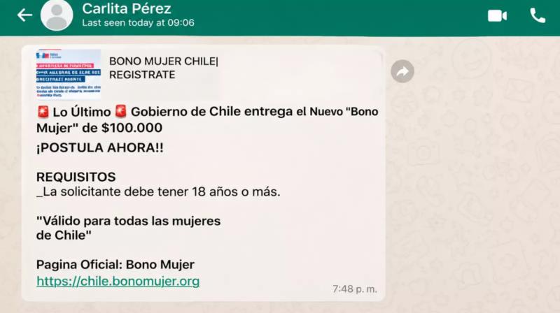 rrss - ¿Te llegó un mensaje por un “Bono Mujer” de $100 mil?: PDI alerta que se trata de una estafa