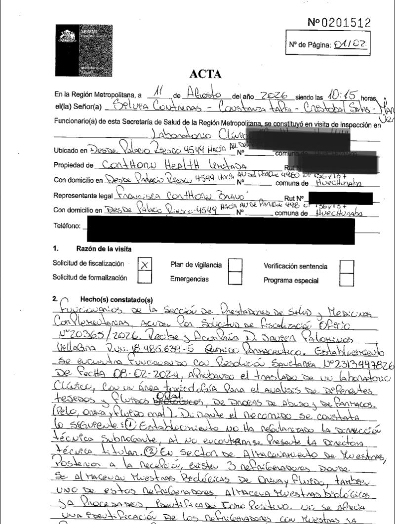 Reportajes Teletrece tuvo acceso al acta de la fiscalización que realizó la autoridad sanitaria al laboratorio encargado de los test de droga a funcionarios de gobierno.