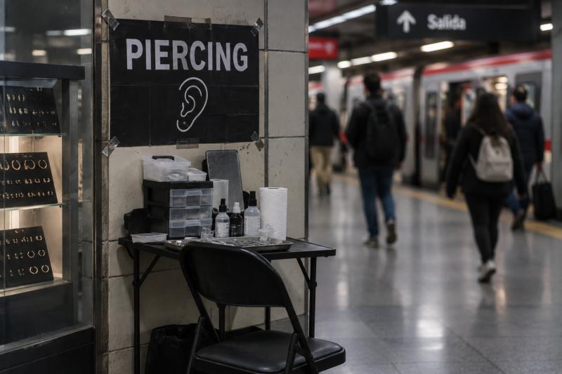Imagen con IA - Con vitrinas y perforaciones en el pasillo: captan insólito "estudio de piercing" en el Metro