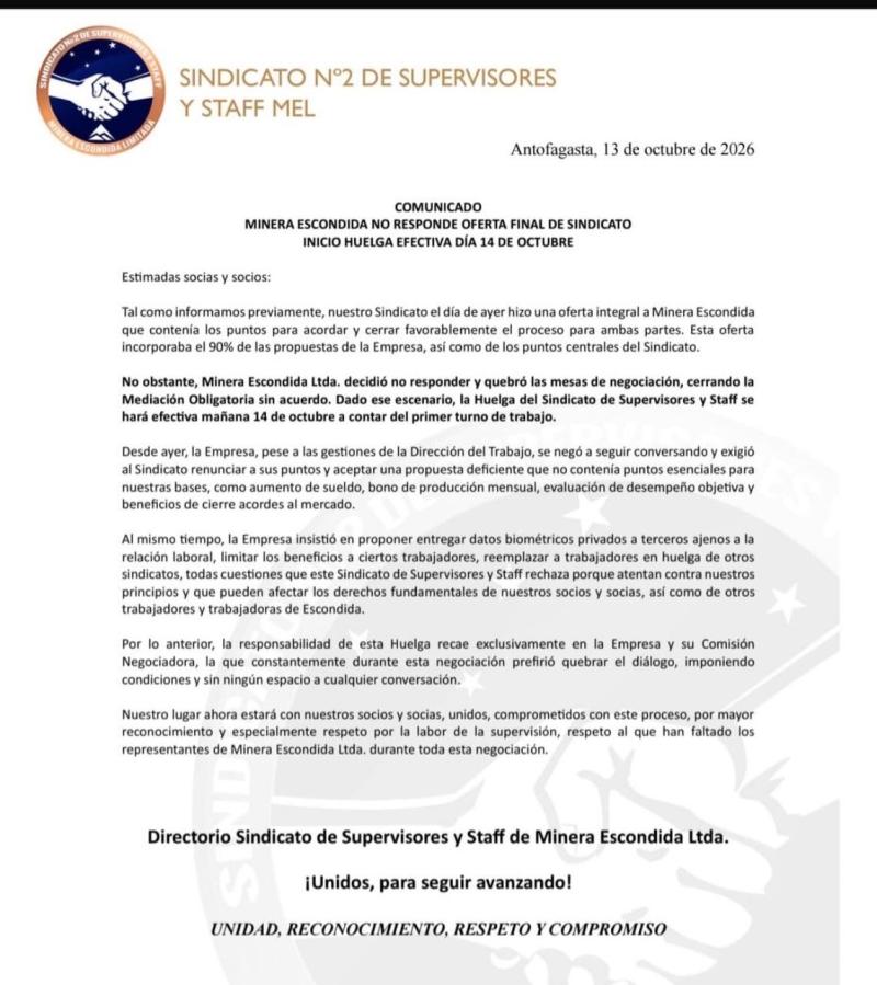 Sindicato de Minera Escondida inicia huelga este miércoles tras fracaso de negociaciones: acusan falta de respuesta de la empresa