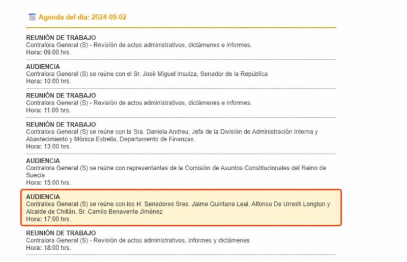 El de 2 septiembre de 2024, la entonces contralora (s) Dorothy Pérez recibió al alcalde Camilo Benavente y dos senadores. Al día siguiente, mediante un oficio, trasladó el sumario de Chillán a Santiago.