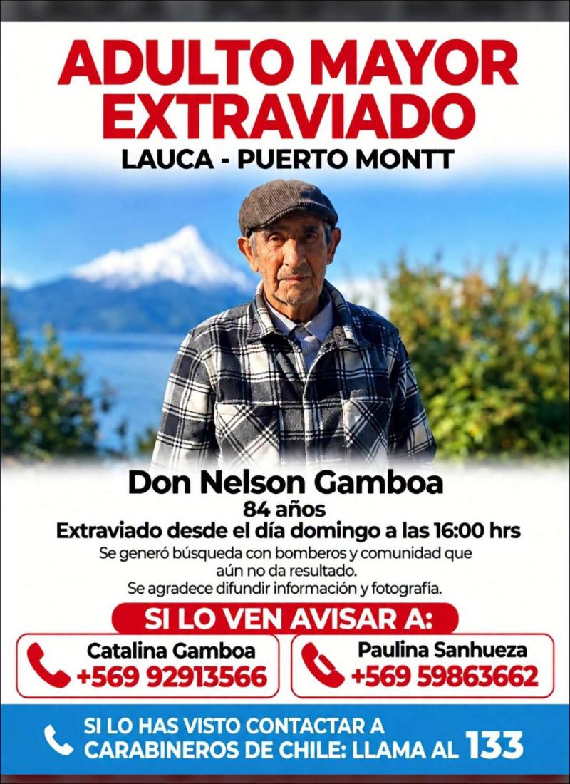 Adulto mayor de 84 años lleva 8 días perdidos en Puerto Montt - RRSS
