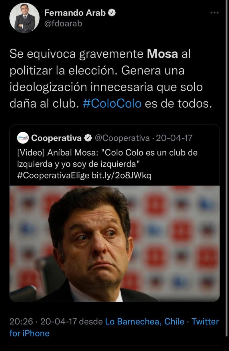 Tweet de Arab contra la administración de Aníbal Mosa.