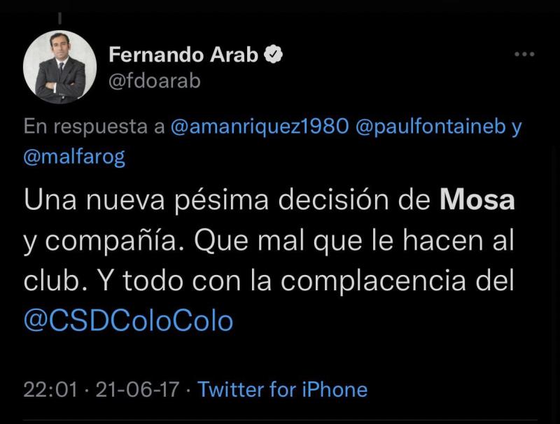 Tweet de Arab contra la administración de Aníbal Mosa.