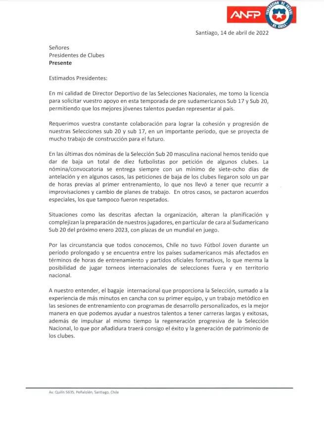 La carta de Francis Cagigao filtrada por La Tercera