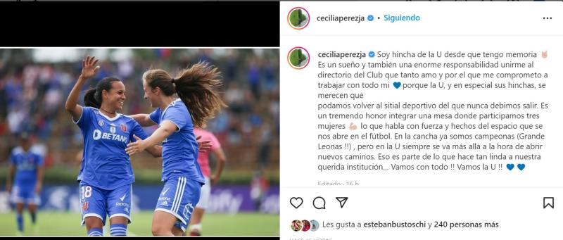 Cecilia Pérez es hincha confesa de la U y ahora asumirá un puesto en Azul Azul