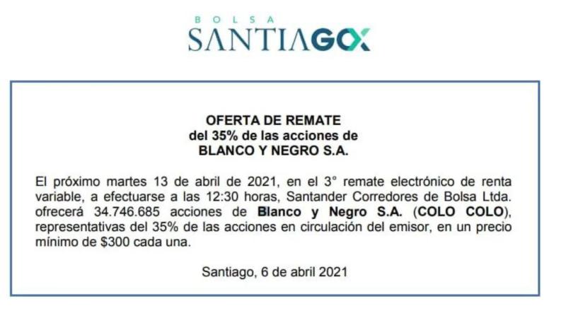 La notificación del remate en la Bolsa de Comercio de las acciones de Colo Colo