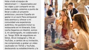 Influencer pidió cenar gratis en un restaurante y respuesta del local se hizo viral Influencer pidió cenar gratis en un restaurante y respuesta del local se hizo viral