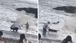 VIDEO | Hombre apagó parrilla en playa de Iquique mientras niños jugaban en el mar