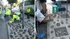 Instalan piedras en la vereda para evitar ambulantes en Estación Central: comerciantes llegaron igual Instalan piedras en la vereda para evitar ambulantes en Estación Central: comerciantes llegaron igual