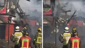 VIDEO: El momento exacto en que segundo piso colapsó en medio de incendio en Temuco VIDEO: El momento exacto en que segundo piso colapsó en medio de incendio en Temuco