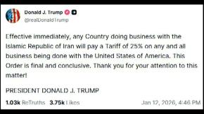 Trump dice que EEUU impondrá aranceles del 25% a socios comerciales de Irán