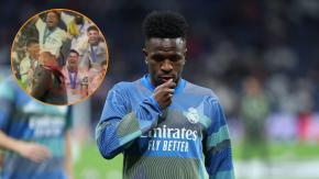 Hincha del Benfica posa junto a un cartel de Vinicius con un racimo de plátanos: Fue detenido por los guardias