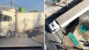 VIDEO | Camión queda colgando en el aire tras sufrir accidente en impresionante socavón en Renca