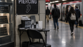 Con vitrinas y perforaciones en el pasillo: captan insólito "estudio de piercing" en el Metro