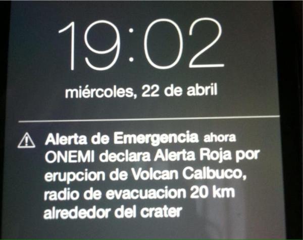 Este fue el mensaje de la Onemi que alertó a los vecinos sobre la erupción del volcán Calbuco