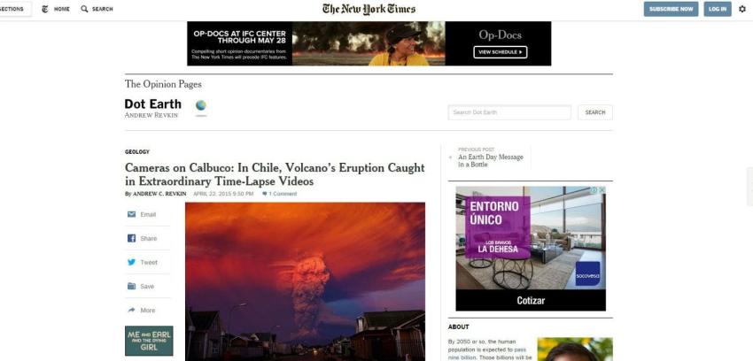Medios internacionales publican sobre la erupción del volcán Calbuco