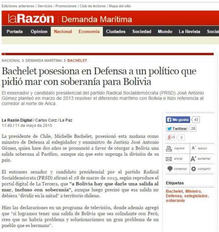 Prensa boliviana destaca que nuevo ministro de Defensa "pidió mar para Bolivia"