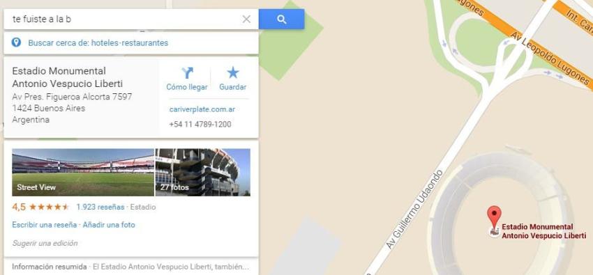 "Te fuiste a la B": La frase con la que Google Maps muestra el estadio de River Plate